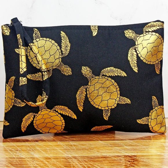 Styline Handbags - Pouch, Travel Case, Wristlet. Black & Metallic Gold, Turtles Pattern. NWT.